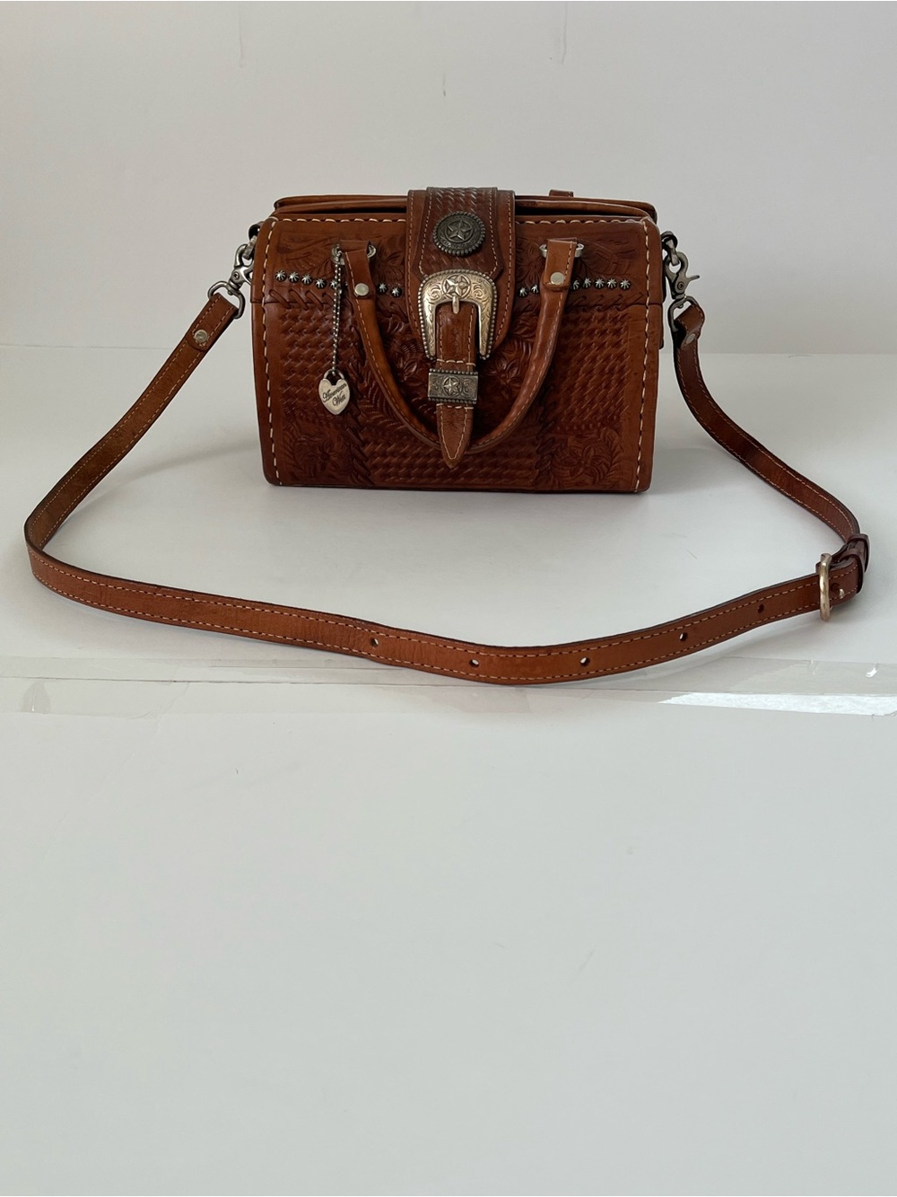 American West Vintage Hand Tooled Brown Leather Doctor Style Crossbody Satchel